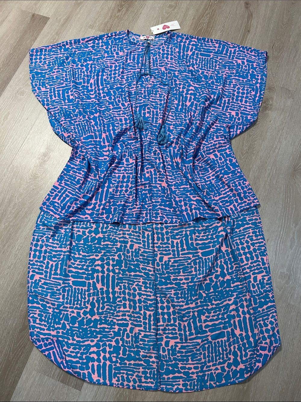Buddy Love NWT Oversized Blue and Pink Abstract Tie-Neck High Low Dress Sz S/M